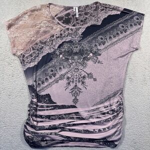 Y2K Studio Y‎ Lace Print Top Ruched Short Sleeve Blouse  Size L Made in USA